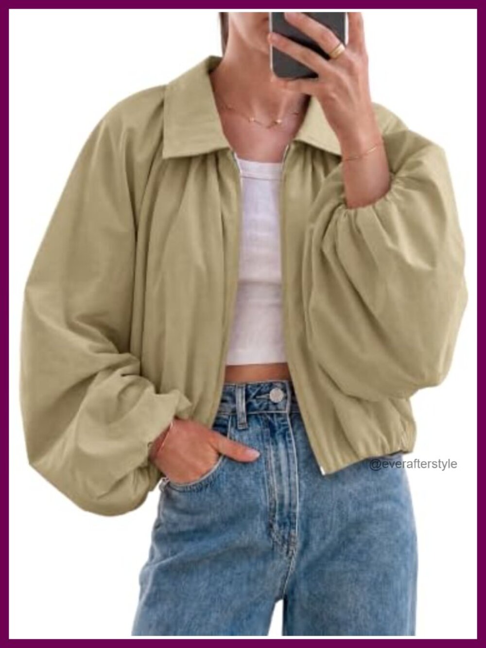 Womens Cropped Bomber Jacket Zip Up Oversized Balloon Sleeve Casual